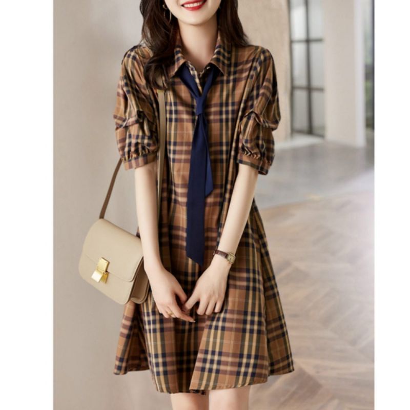 1814 Baju mini dress gaun pesta TIENECK motif kotak coklat Korean style wanita import baju minidress