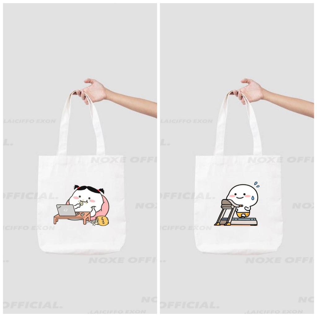 TOTEBAG kanvas wanita warna putih gambar SI PENTOL mager workout tim rebahan dirumah aja