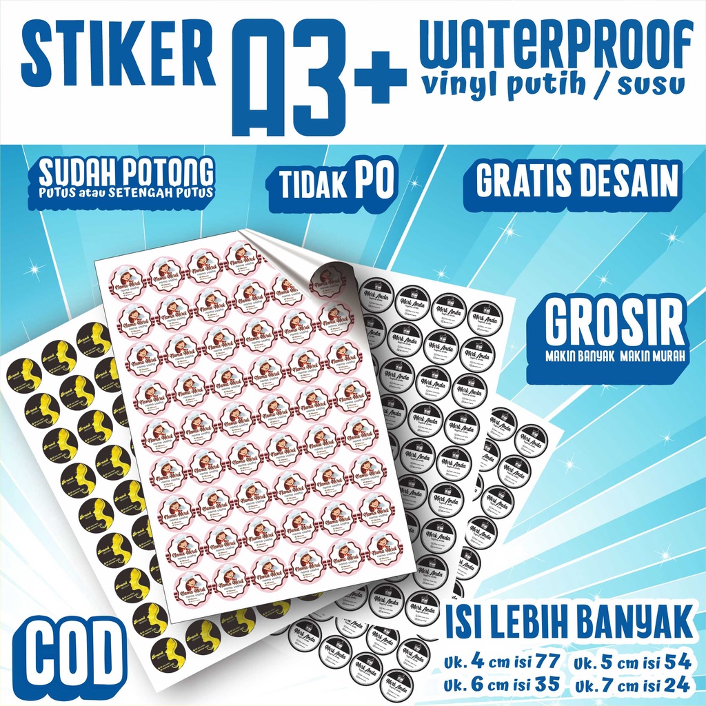 

A3+ Stiker nama waterproof untuk label makanan / minuman / skincare / kosmetik/ bedda lotong / komunitas / MURAH / Potong Putus / Potong setengah putus