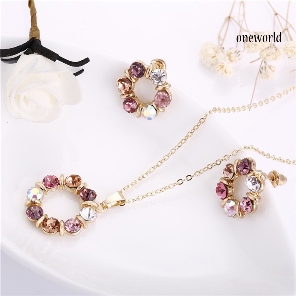 OW@ Women Rhinestone Round Pendant Chain Necklace Ear Stud Earrings Jewelry Set