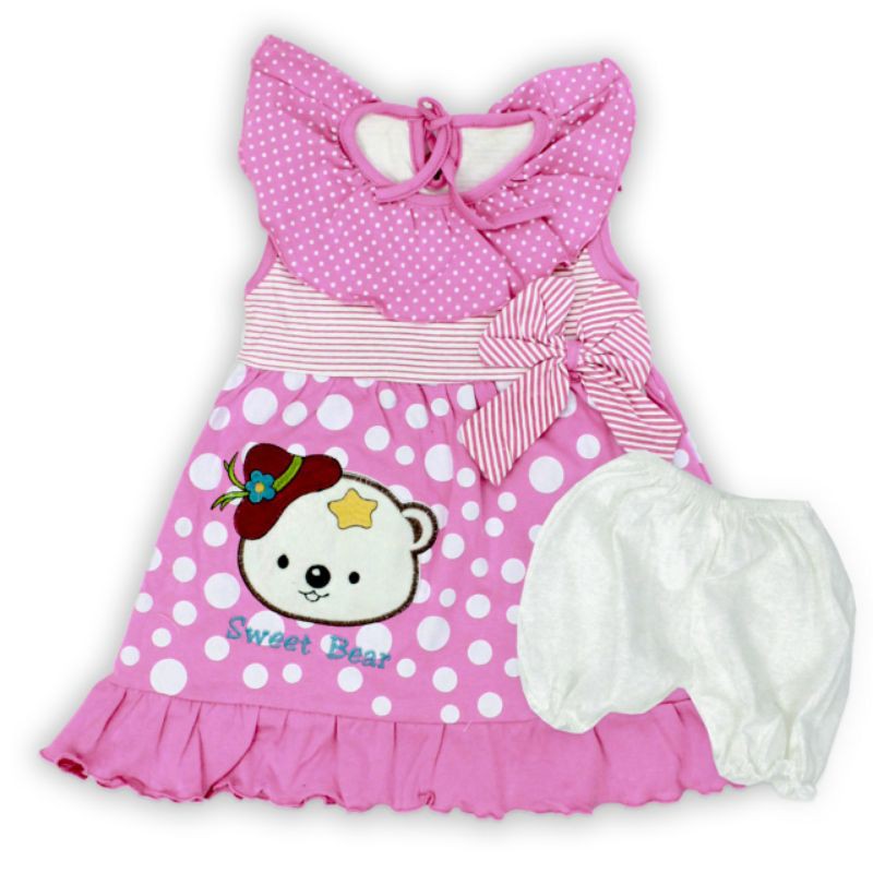 DRESS ANAK PEREMPUAN 1-2 TAHUN MOTIF CAMPUR RABBI &amp; BEAR RANDOM MOTIF