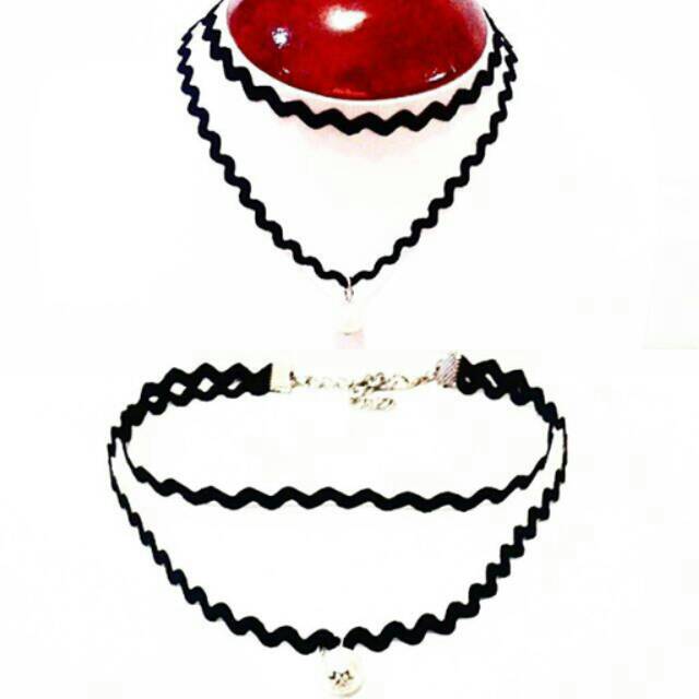 Black Double White Pearl  Zigzag Choker Necklace | Kalung Handmade Premium Collection