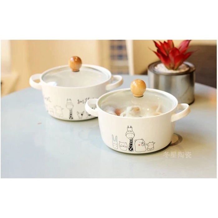 Mangkok Kaca - Mangkuk Keramik Tutup Kaca Panci Keramik Mini Tutup Kaca Motif Animal