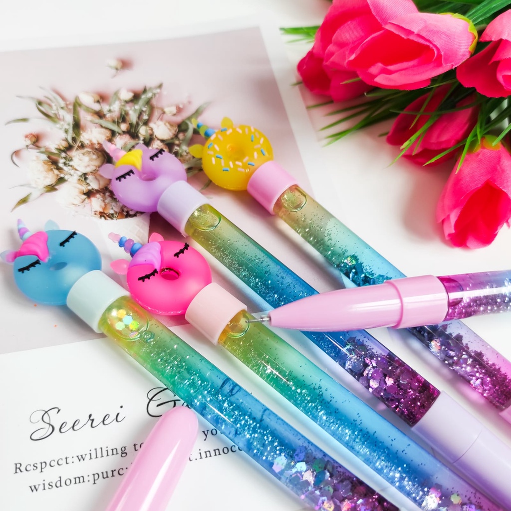 PEN GLITTER DONAT UNICORN LUCU GEL PEN KARAKTER KUDA PONI PULPEN PENA BOLPEN