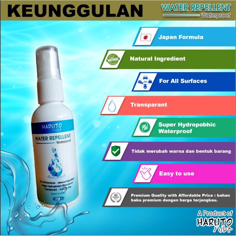 Water repellent by Haruto spray anti air for all surfaces untuk body dan kaca mobil/motor,sepatu,tas,topi,jaket,dll