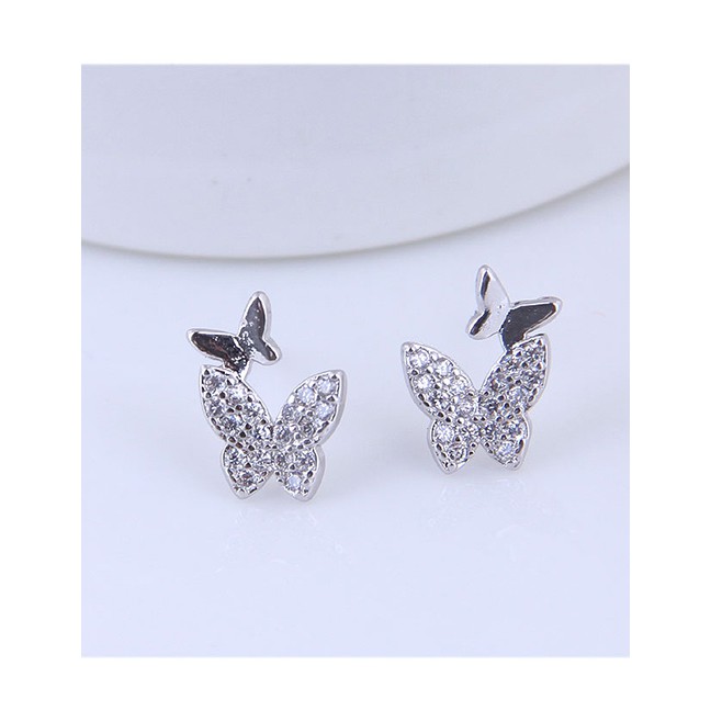 LRC Anting Tusuk Fashion Silver Copper Plated Gold Glitter Diamond Earrings A59093