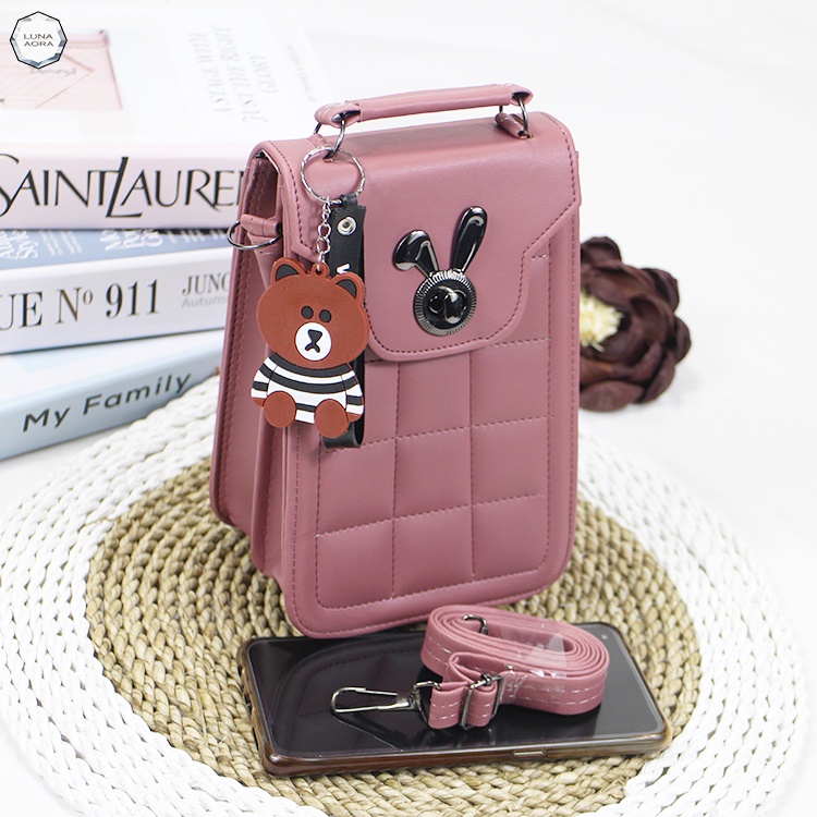 LUNA AURA Tas Kotak Hp Wanita Minixo Bordil Kunci Kelinci Black Nekkel DK 10 Tas Handphone Kekinian Tas Selempang Hp Tas Pouch Wanita Terbaru-Peach