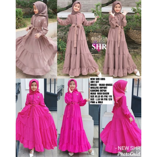 NEW SHR KIDS 3IN1SET MAXI DRESS HIJAB-BROSS  KANCING DEPAN 100%ORI SHR