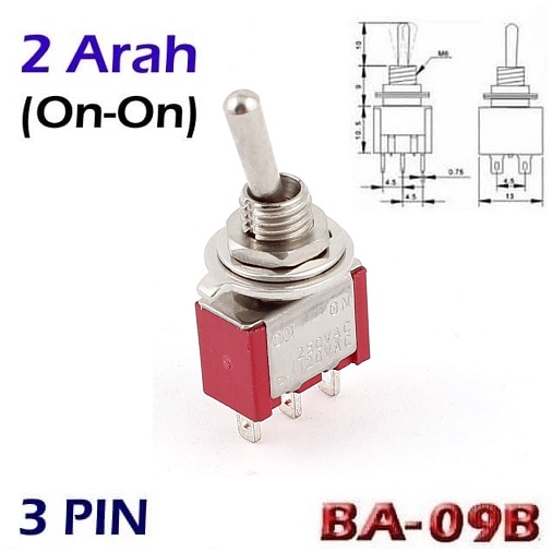 Toggle Switch 3 Pin 2 Arah 6A 125V Saklar Togel Kecil KNX-1 2 Way ON-ON 3 Kaki Metal Tuas BA-09B