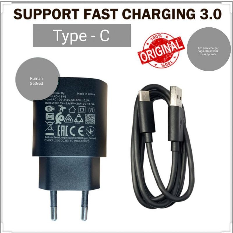 Nokia Charger 18W Fast Charger + Data Cable Type-C Original 100%