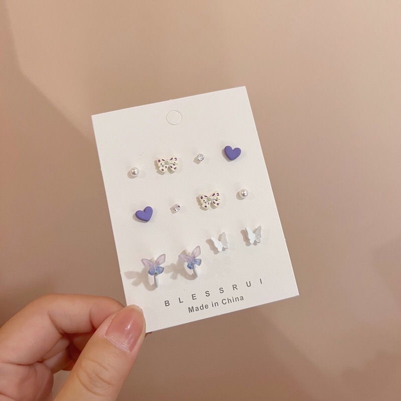6 Pasang / Set Anting Stud Desain Kupu-Kupu Hati Kristal Mutiara Untuk Aksesoris Perhiasan Wanita