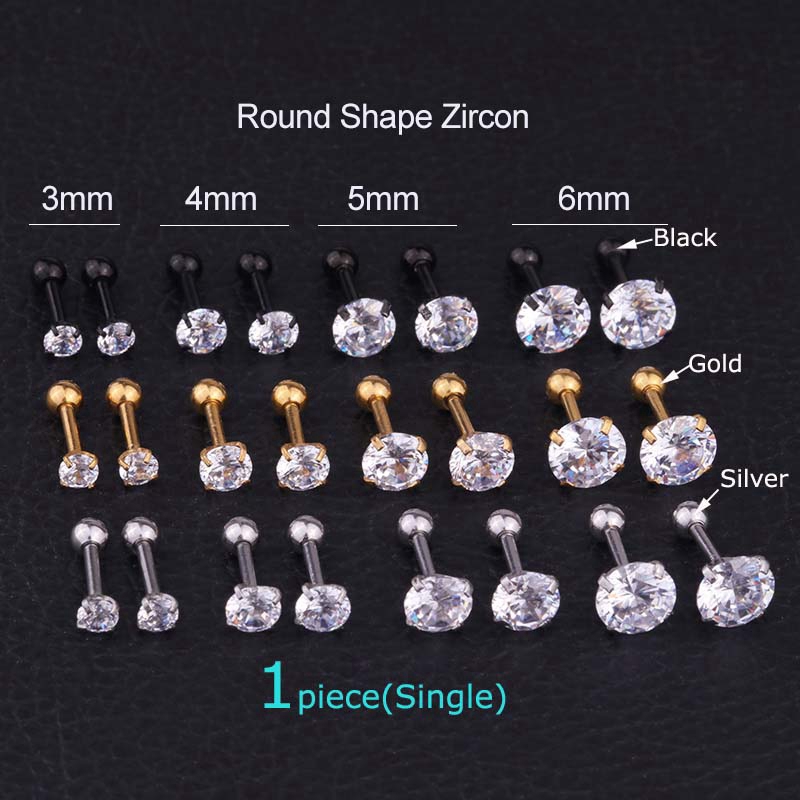 1piece 3/4/5/6mm Crystal Zircon Ear Cartilage Earrings Tragus Helix Piercing 16G