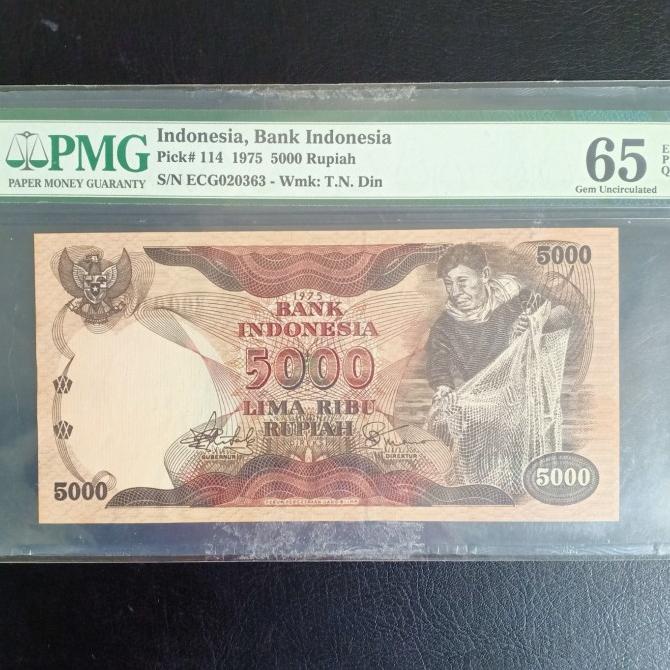] uang kuno penjala ikan 5000 rupiah tahun 1975 pmg 65epq