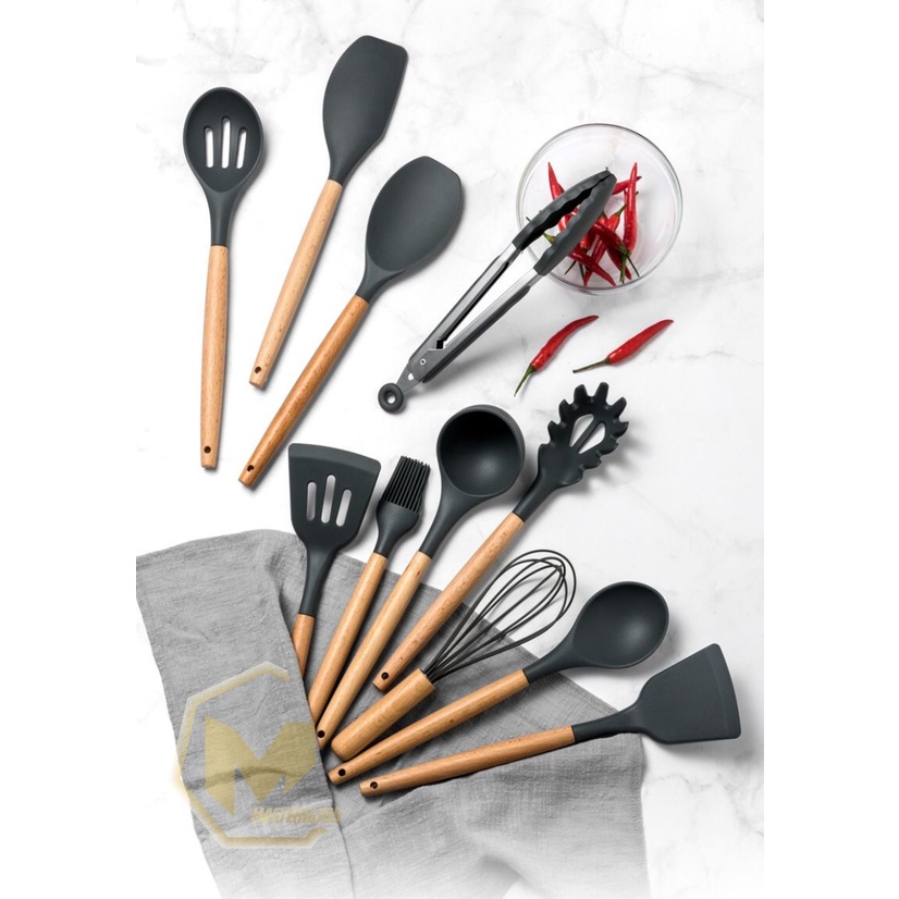 RT82 Kitchen Utensil Silicone wood 12pcs Set Peralatan Dapur Masak Baking Sutil Spatula Sendok Silikon Set Alat Masak 11 in 1 gagang kayu MA2753