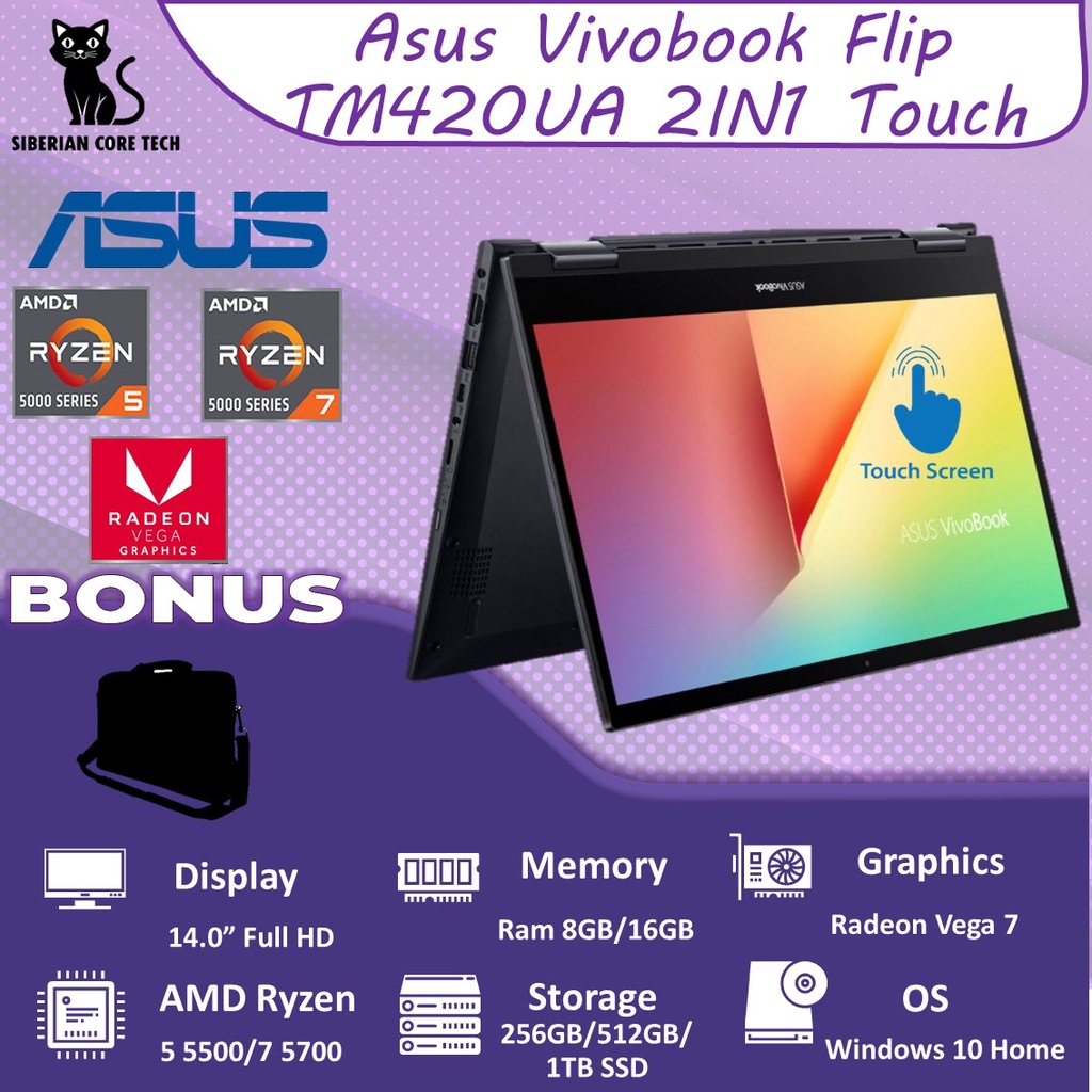 ASUS VIVOBOOK FLIP TM420UA 2IN1 TOUCH RYZEN 7 5700 16GB 1TBSSD VEGA8 W10 14.0FHD