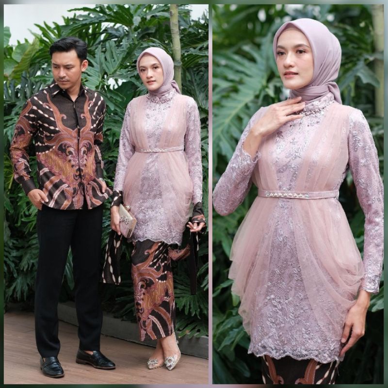 SET COUPLE BATIK - Kebaya Batik Couple HALE ROSE Kebaya Brokat Tille Mutiara Mix Payet Premium Rok Span Pinggang Karet Allsize Kemeja Pria Lengan Panjang Katun Premium Ukuran M,L,XL Kebaya Wisuda Modern Kebaya Couple Dan Lamaran Terbaru