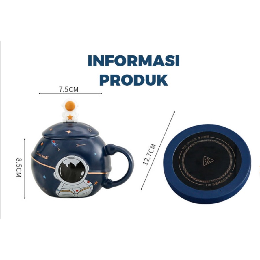 Set Gelas Cangkir Mug Keramik Sendok Pemanas Listrik Planet Astronot Souvenir Kado