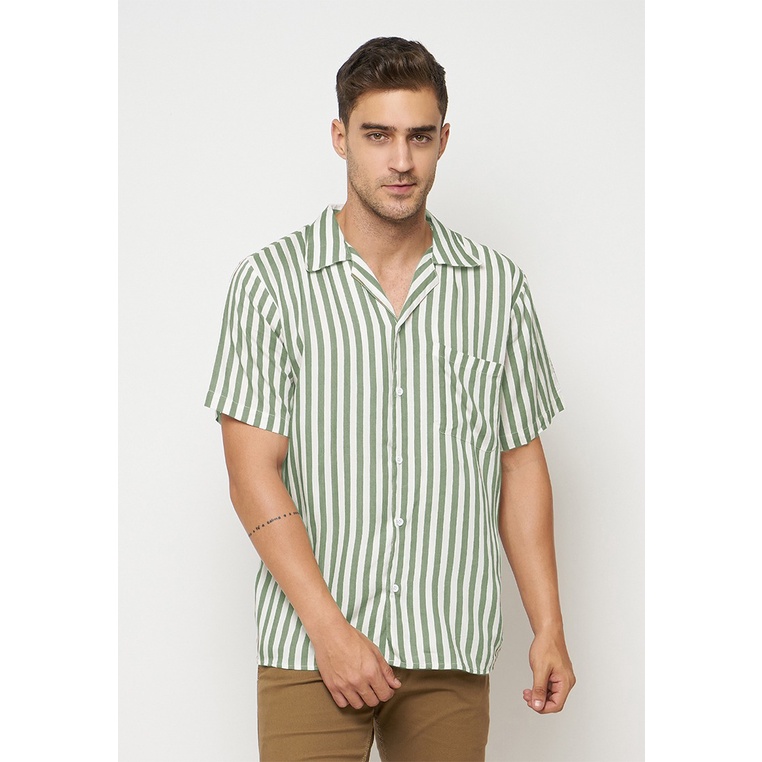 Emoline Stripe Shirt Olive - Kemeja Santai Lengan Pendek Pria Salur Hijau Olive