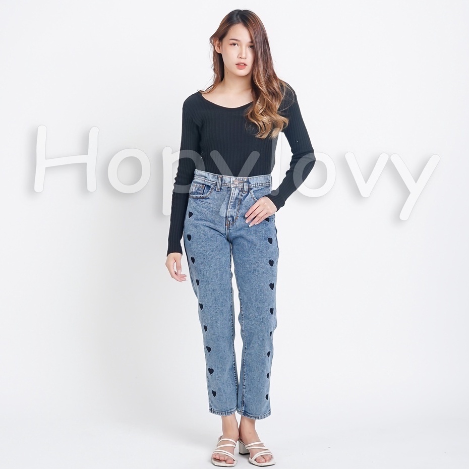 HOPYLOVY Celana Boyfriend Jeans Wanita Loose Jeans Bordir Love Avanti