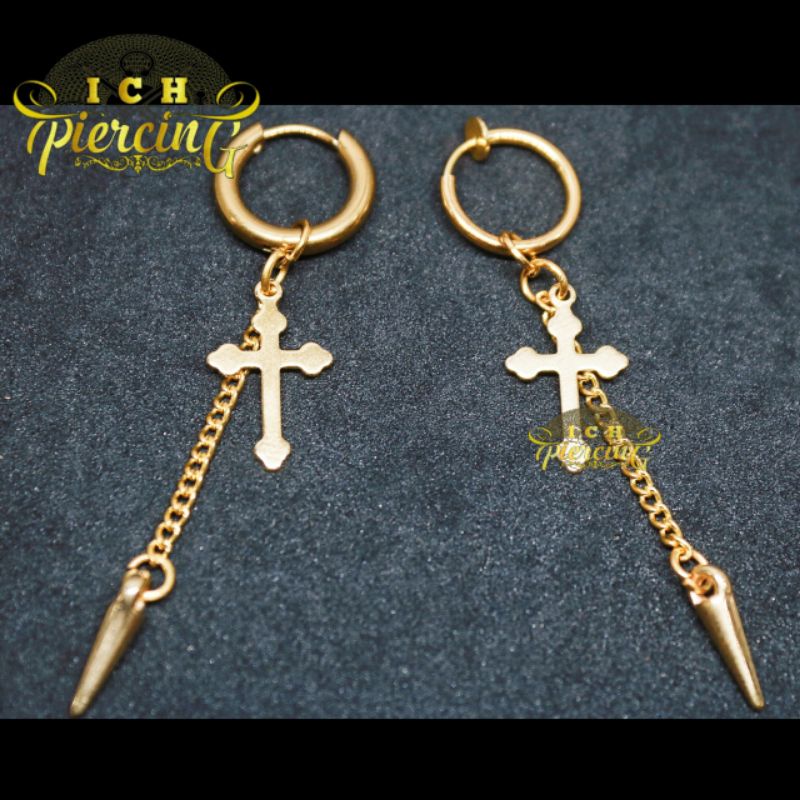 terbaru anting Hoop model Salib 02 rantai bandul gold / anting tindik dan jepit warna gold titanium / ICH PIERCING