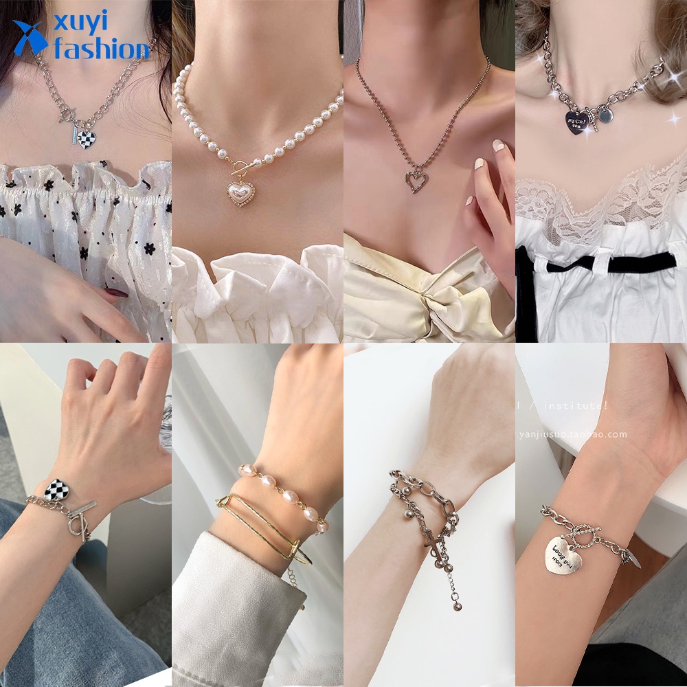 Korean Style Elegant Necklace Bracelet Set Pearl Checkerboard DIY Jewelry Set Women Fashion Accessories