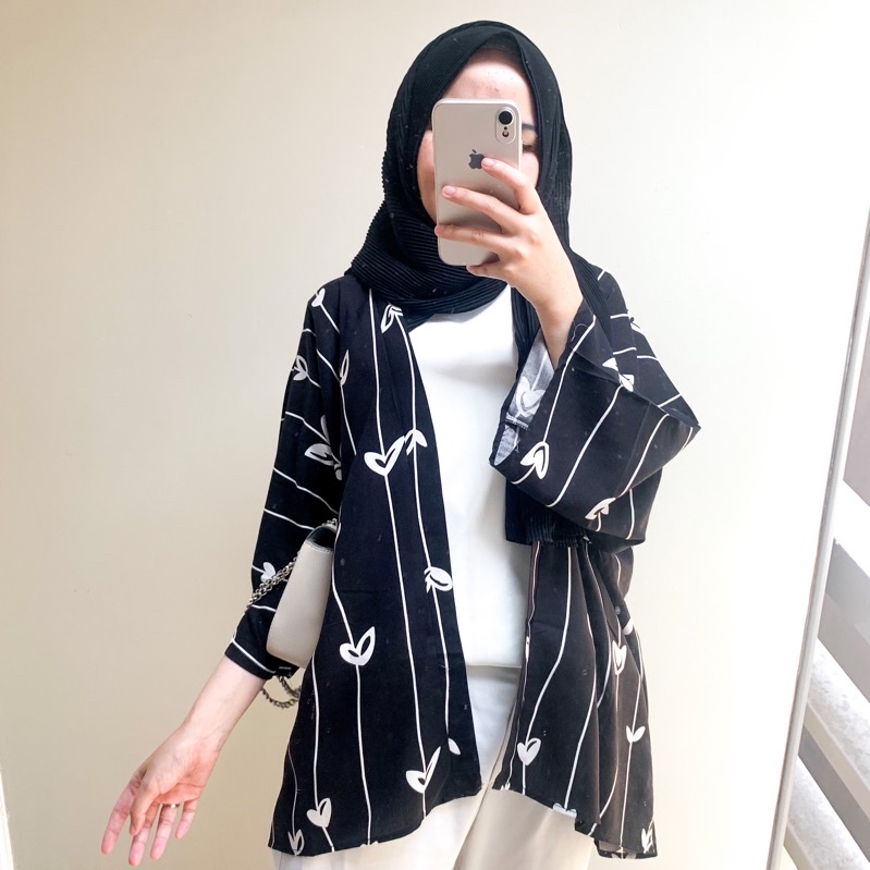 FLOWEAR Aora Kimono Outer Monochrome Series | Cardigan Oversize | Kardigan Wanita-Love Black
