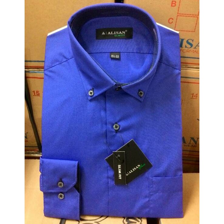 Kemeja Pria Alisan Panjang Slimfit Biru B5 Kombinasi Hitam Benik Dalam F10 original