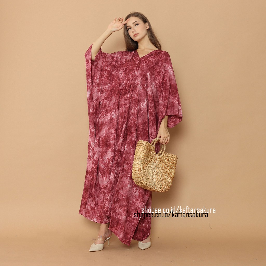 KAFTAN TIE DYE MARBLE TERBARU WARNA MERAH BAHAN RAYON LEMBUT OVERSIZE LEBARAN MURAH 2021