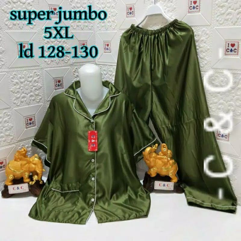 BAJU TIDUR PIYAMA/CP SUPER JUMBO 5XL/LD 130/SATIN VELVET-Hijau lumut
