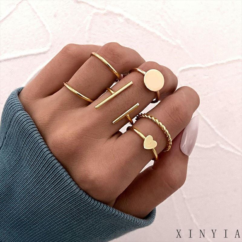 【COD】6pcs / Set Cincin Geometris Bahan Alloy Gaya Vintage