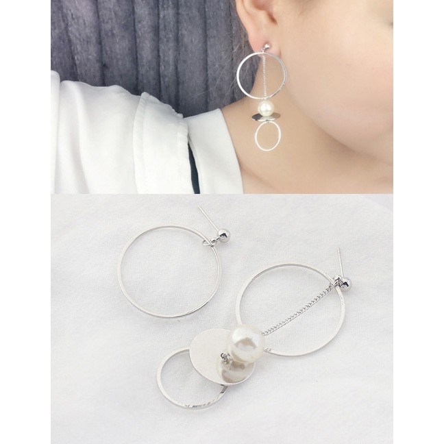 LRC Anting Tusuk Elegant Silver Color Circular Ring&amp;pearl Decorated Asymmetric Earrings Y57728