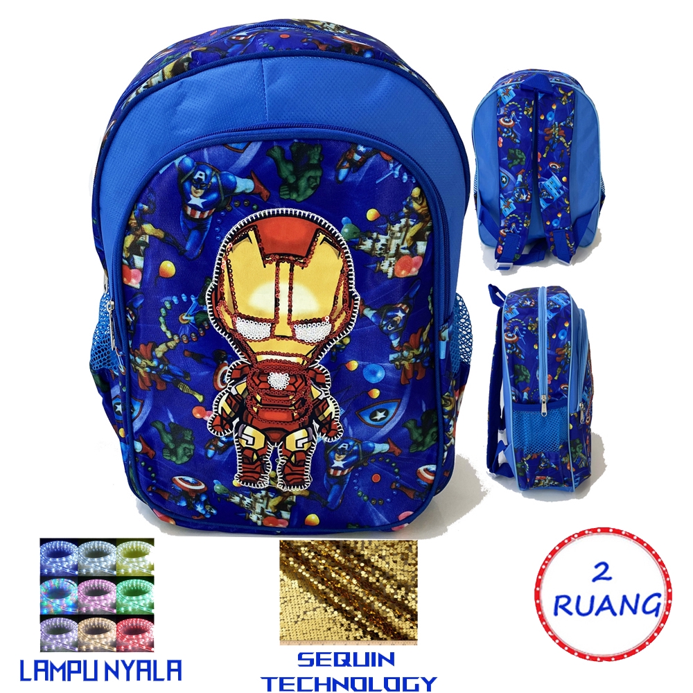 Tas Sequin + LAMPU LED Tas ransel sekolah anak sequin + lampu LED LOL IRONMAN SPIDERMAN CAPTAIN AMRIKA