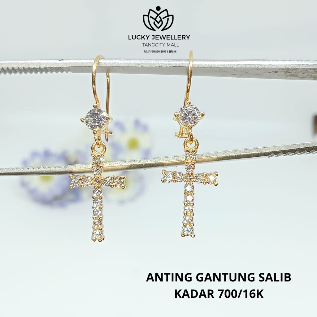 ANTING GANTUNG SALIB EMAS KUNING KADAR 700/16K
