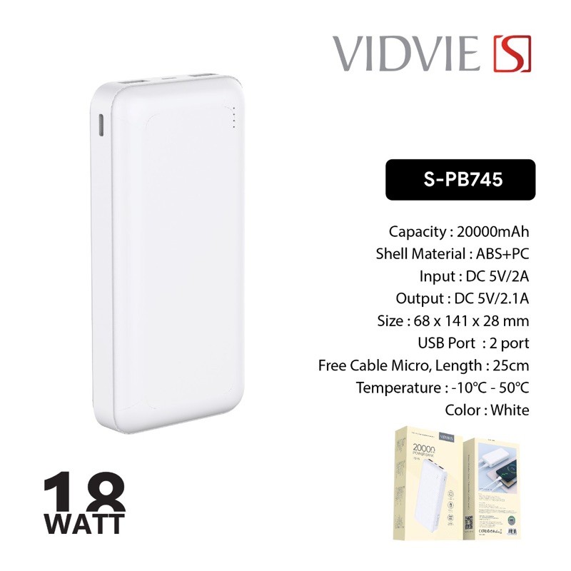 Powerbank VIDVIE S-PB745 20000mAh fast charging WHITE