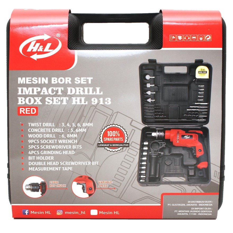 Mesin Bor Listrik Set H&amp;L 13mm Impact Drill Box Set Komplit HnL HL913