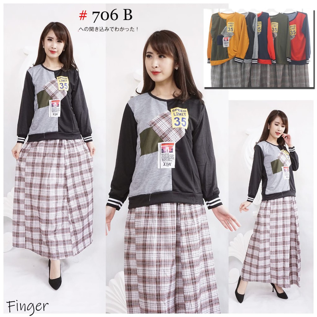 Setelan baby terry kombinasi 2 warna tangan panjang rok katun kotak