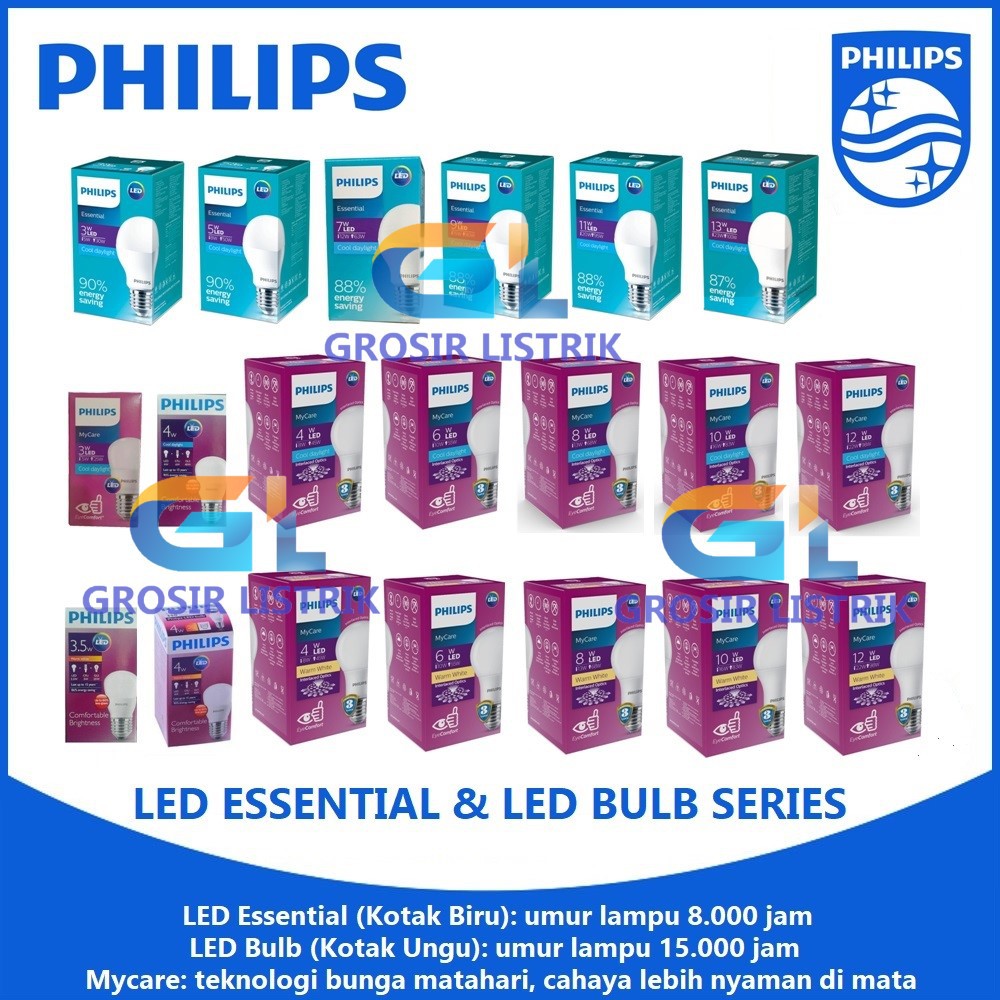 Lampu Philips LED Essential 3W 5W 7W 9W 11W 13W 15W Bulb Mycare 3W 4W 6W 8W 10W 12W 14.5W 19W Putih Kuning Grosir 3 4 5 6 7 8 9 10 11 12 13 14.5 14,5 15 19 W Watt