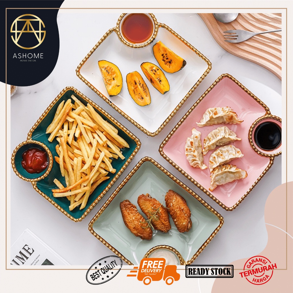 ASHOME Piring Keramik Kotak Dengan Sekat Tempat Saos Elegant List Gold Mewah / Piring Saji Keramik S