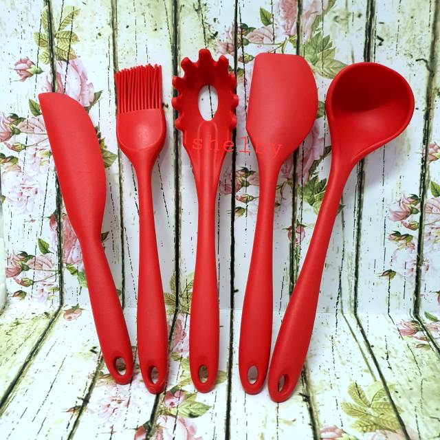 5 pc Utensils Set spatula silicone premium sutil tanpa sambungan tahan panas food grade solet soled