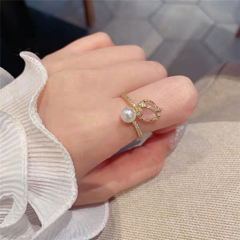 Cincin Model Terbuka Desain Bunga Tulip Aksen Mutiara Untuk Wanita