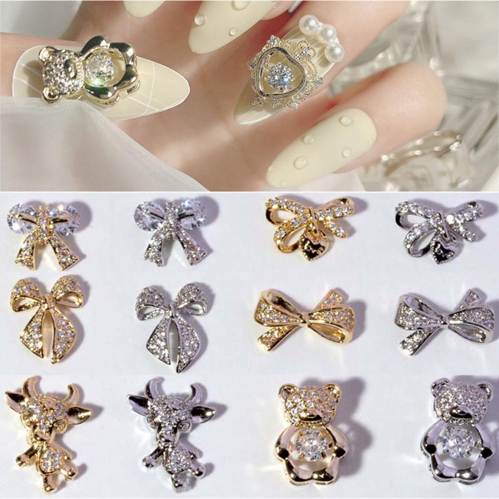 AUGUSTINA Agustina 3D Kuku Zirkon Mode Shiny Charms Bow Knot Beating Heart Bear Deer Nail Art Dekorasi