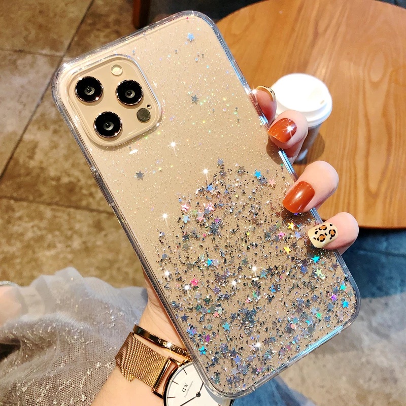 Soft Case Transparan Motif Glitter Untuk iPhone 11 12 13 14 Pro Max XR XS 7 8 Plus