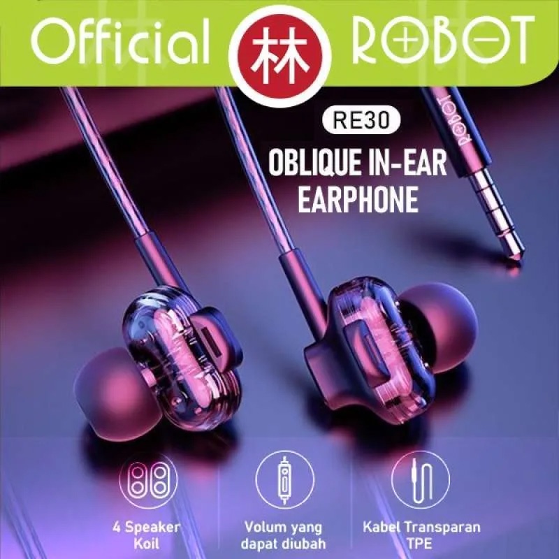 Robot Handsfree Headset Headphone RE30 Wired Earphone Bass Audio jack 3.5 mm Original 100%