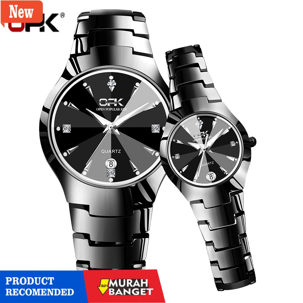 Jam tangan couple terbaik- OPK Jam Tangan Couple Pasangan Tahan Air Hitam / Perak Stainless Steel Ka