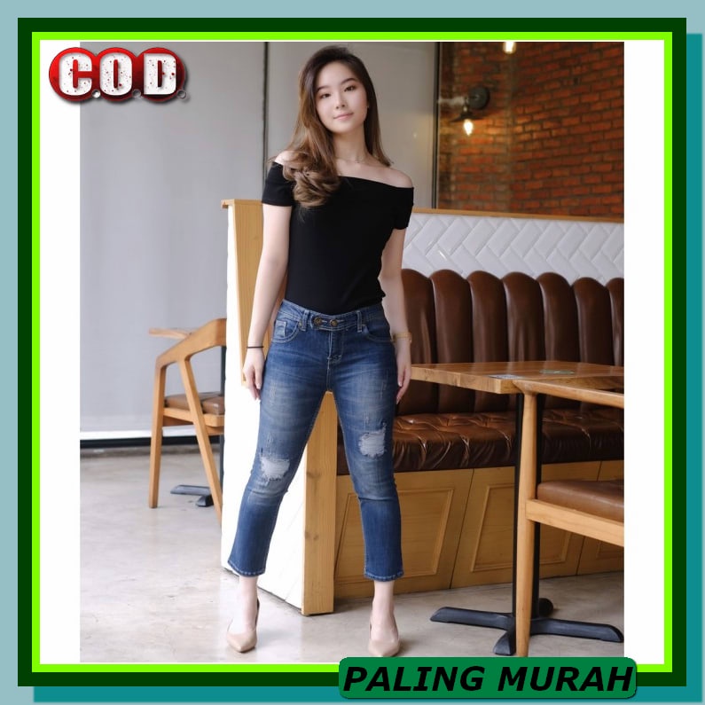 Ndudshop Kode 1735 Celana Denim Wanita Karet Tali Impor Lucu Cute CV609 Celana Jeans Wanita Carmen