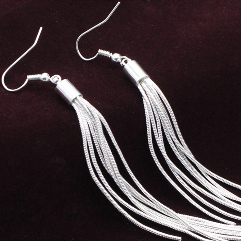 Anting Gantung Panjang Lapis Silver Model Rantai Rumbai Untuk Wanita