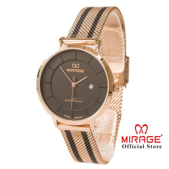 Jam Tangan Wanita Mirage Full Rosegold List Hitam Rantai Pasir 8677L