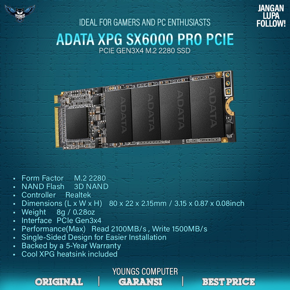 ADATA XPG SX6000 PRO 1TB PCIe Gen3x4 M.2 2280 SSD NVMe GARANSI 5 TAHUN