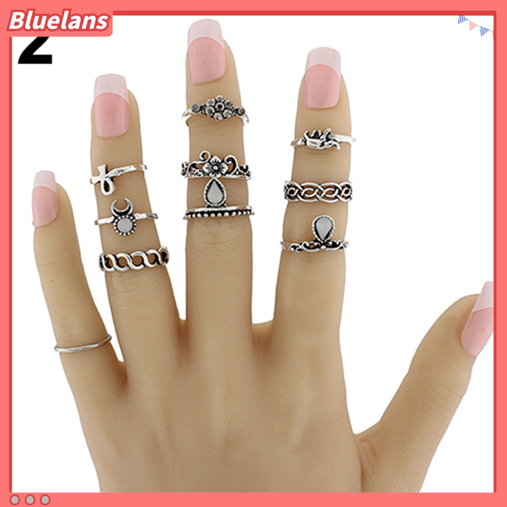 Bluelans 10Pcs Knuckle Finger Rings Vintage Anti-rust Flower Hollow Women Jewelry