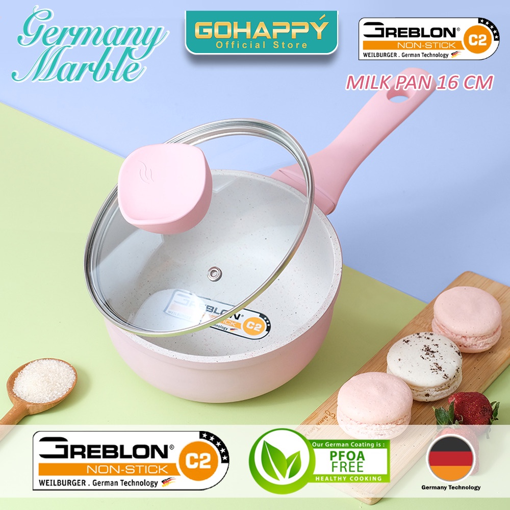 MIZUKI Panci Milkpan Pink Gohappy Germany Marble Greblon German C2 Kualitas terbaik Glowpan Sauce Pan / Milk